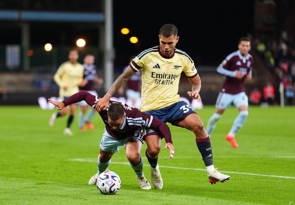 Aston Villa's Emi Buendia and Arsenal's Bruno Guimaraes. Pic David Davies/PA Wire. Aston Villa's Emi Buendia and Arsenal's Bruno Guimaraes. Pic David Davies/PA Wire.