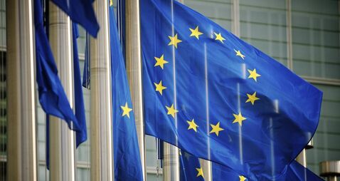 EU Flags Flying at the European Commission Building Brussels Belgium