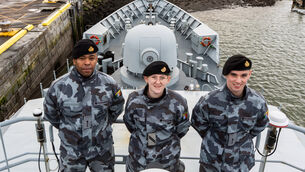 <p>Navy Service personell Bruno Salatieal, Nicole Neary, and Eoin Conroy on board the LÉ Bernard Shaw. Picture: Noel Sweeney</p>