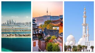 <p>The Palm Jumeirah, Dubai; Bukcheon Hanok village, Seoul; The Sheikh Zayed Mosque, Abu Dhabi; </p>