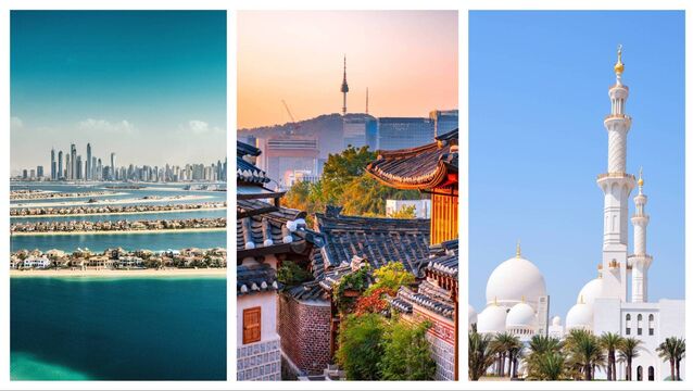 <p>The Palm Jumeirah, Dubai; Bukcheon Hanok village, Seoul; The Sheikh Zayed Mosque, Abu Dhabi; </p>