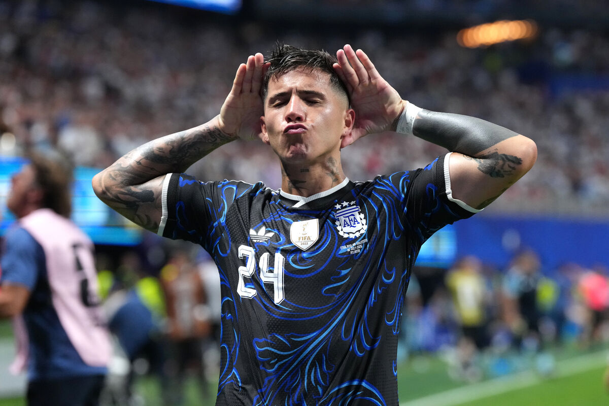 Argentina's Enzo Fernandez celebrates scoring against England.