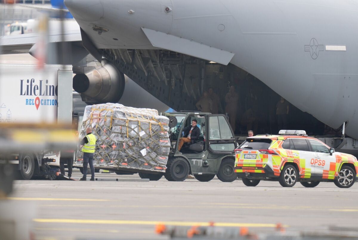 Freight being unloaded from a US C-17 Globemaster at Dublin Airport believed to be containing equipment to be used in the upcoming visit to Ireland by US President Donald Trump. Picture: Niall Carson/PA Wire Freight being unloaded from a US C-17 Globemaster at Dublin Airport believed to be containing equipment to be used in the upcoming visit to Ireland by US President Donald Trump. Picture: Niall Carson/PA Wire