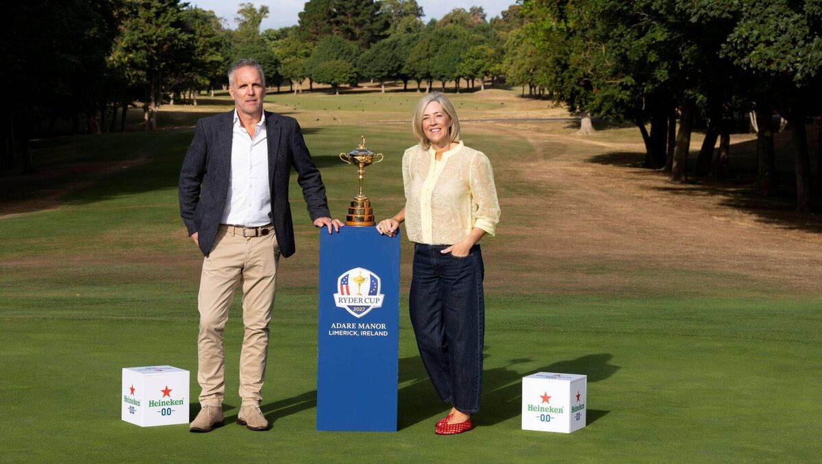 Max Hamilton, Ryder Cup Europe’s Executive Commercial Director and Sharon Walsh, Managing Director of Heineken Ireland, with the Ryder Cup trophy at Malahide Golf Club in Dublin. Max Hamilton, Ryder Cup Europe’s Executive Commercial Director and Sharon Walsh, Managing Director of Heineken Ireland, with the Ryder Cup trophy at Malahide Golf Club in Dublin.