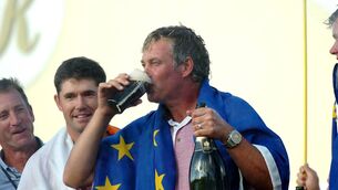 <p>Ireland's Darren Clarke drinks a pint of Guinness after Europe won the Ryder Cup in 2006 at the K Club. Murphy's and Beamish will be the stout of choice at Adare. Picture: Brian Lougheed</p>