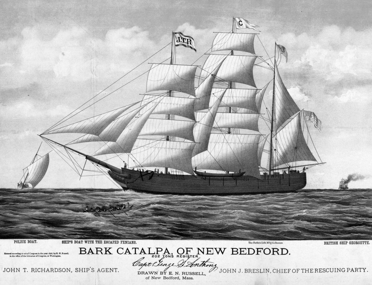 Bark Catalpa of New Bedford. This illustration shows the open whaleboat nearing the Catalpa, with the police cutter and the steamer Georgette in the distance. After some 28 hours at sea, the rescued Fenians finally climbed aboard the Catalpa on 18 April 1876. Bark Catalpa of New Bedford. This illustration shows the open whaleboat nearing the Catalpa, with the police cutter and the steamer Georgette in the distance. After some 28 hours at sea, the rescued Fenians finally climbed aboard the Catalpa on 18 April 1876.