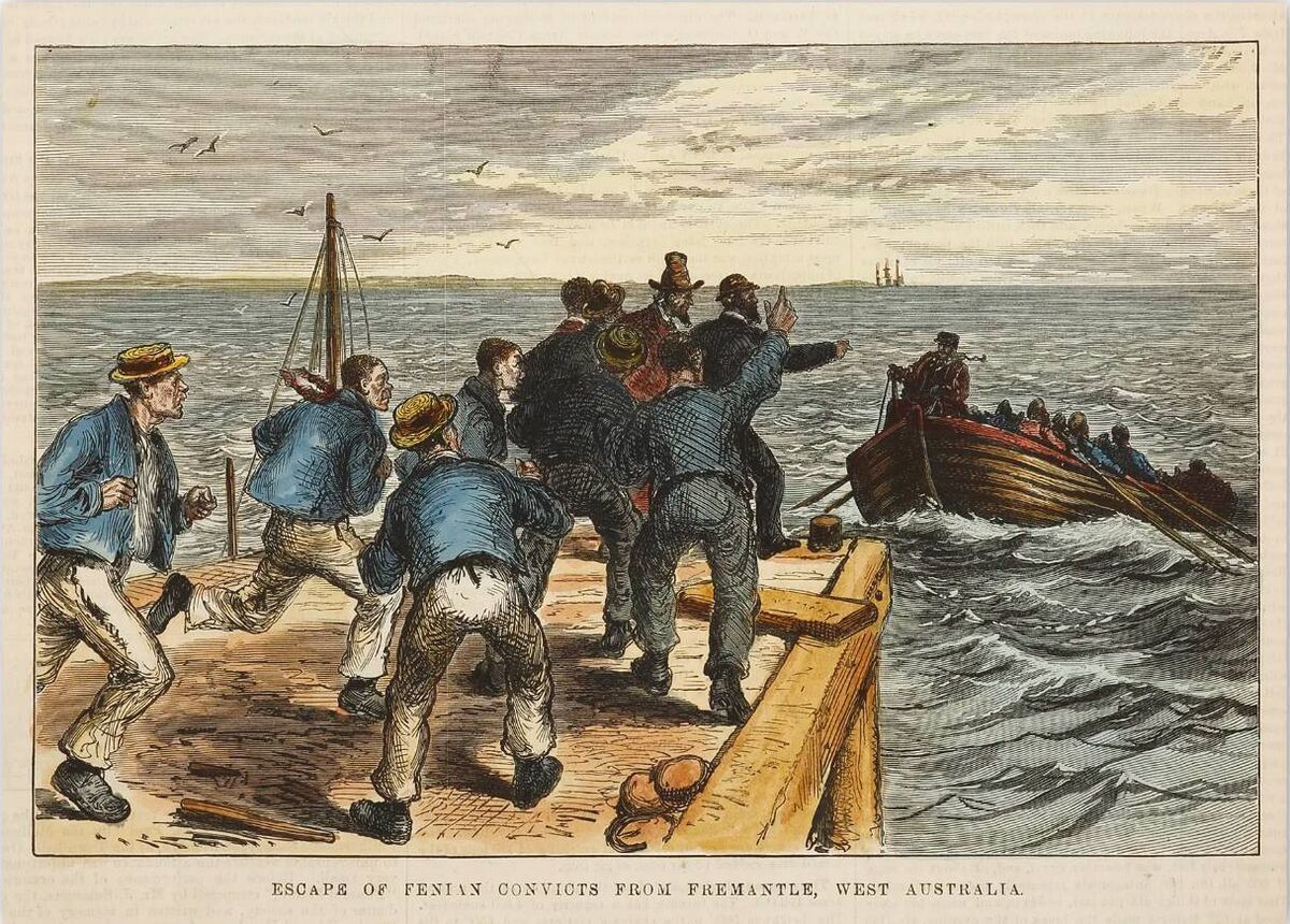 Prisoners escaping from Rockingham. Although inaccurate in detail – the escape party actually left from the beach, not a jetty – the illustration captures the urgency of the moment. Prisoners escaping from Rockingham. Although inaccurate in detail – the escape party actually left from the beach, not a jetty – the illustration captures the urgency of the moment.