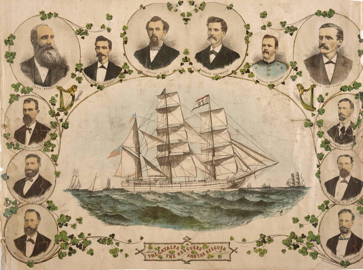 ‘The Catalpa Rescuers – The Rescued and the Rescue’. This commemorative lithographic print celebrates the men involved in the daring Fenian rescue from Western Australia. ‘The Catalpa Rescuers – The Rescued and the Rescue’. This commemorative lithographic print celebrates the men involved in the daring Fenian rescue from Western Australia.