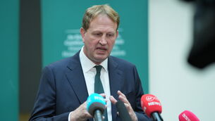 <p>Justice minister Jim O'Callaghan speaking to members of the media at the Department of Justice in Dublin. Picture: PA</p>
