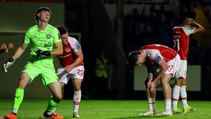 <p>Pats’ Ryan Edmondson dejected after a late chance at Richmond PArk last month. Pic: INPHO/Ryan Byrne</p>