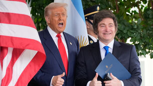 <p>President Donald Trump greets Argentina's President Javier Milei at the White House, Tuesday, Oct. 14, 2025, in Washington. (AP Photo/Alex Brandon)</p>