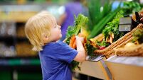 Cute toddler boy in supermarket choosing fresh organic carrots