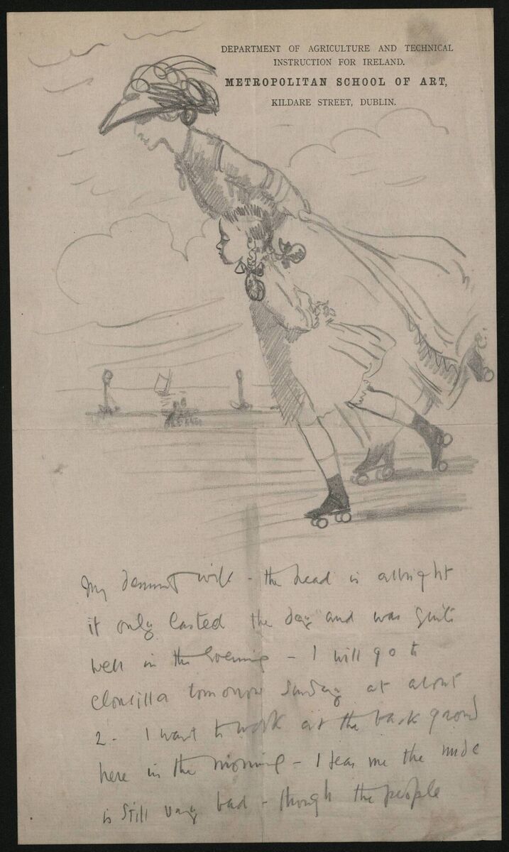 Artist William Orpen illustrated his wife (also Grace) and daughter skating in one of his letters. Photo: National Gallery of Ireland. Artist William Orpen illustrated his wife (also Grace) and daughter skating in one of his letters. Photo: National Gallery of Ireland.