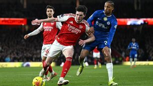<p>Declan Rice of Arsenal is challenged by Joao Pedro of Chelsea during the Premier League match between Arsenal and Chelsea in March. Photo by Shaun Botterill/Getty Images</p> <p>Declan Rice of Arsenal is challenged by Joao Pedro of Chelsea during the Premier League match between Arsenal and Chelsea in March. Photo by Shaun Botterill/Getty Images</p>