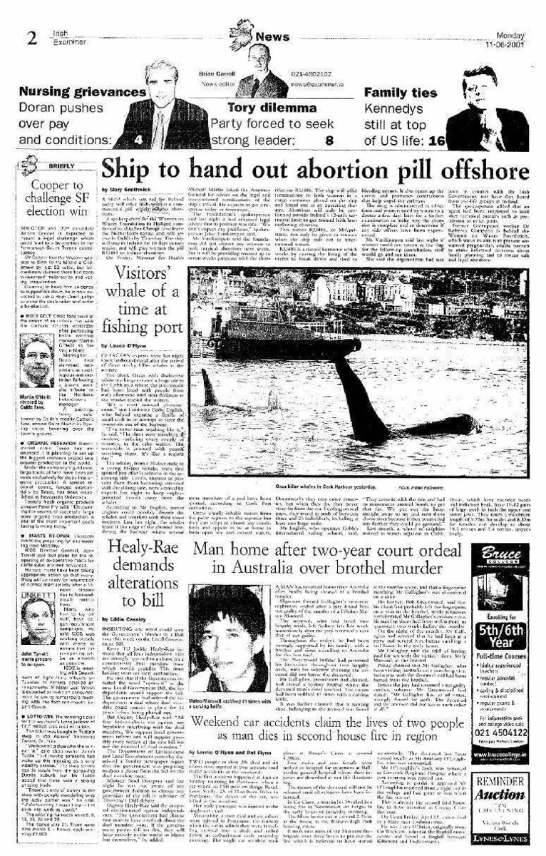 Irish Examiner June 11, 2002: whales in Cork Harbour at Cobh - No 3 Harbour Terrace is visible in the background Irish Examiner June 11, 2002: whales in Cork Harbour at Cobh - No 3 Harbour Terrace is visible in the background