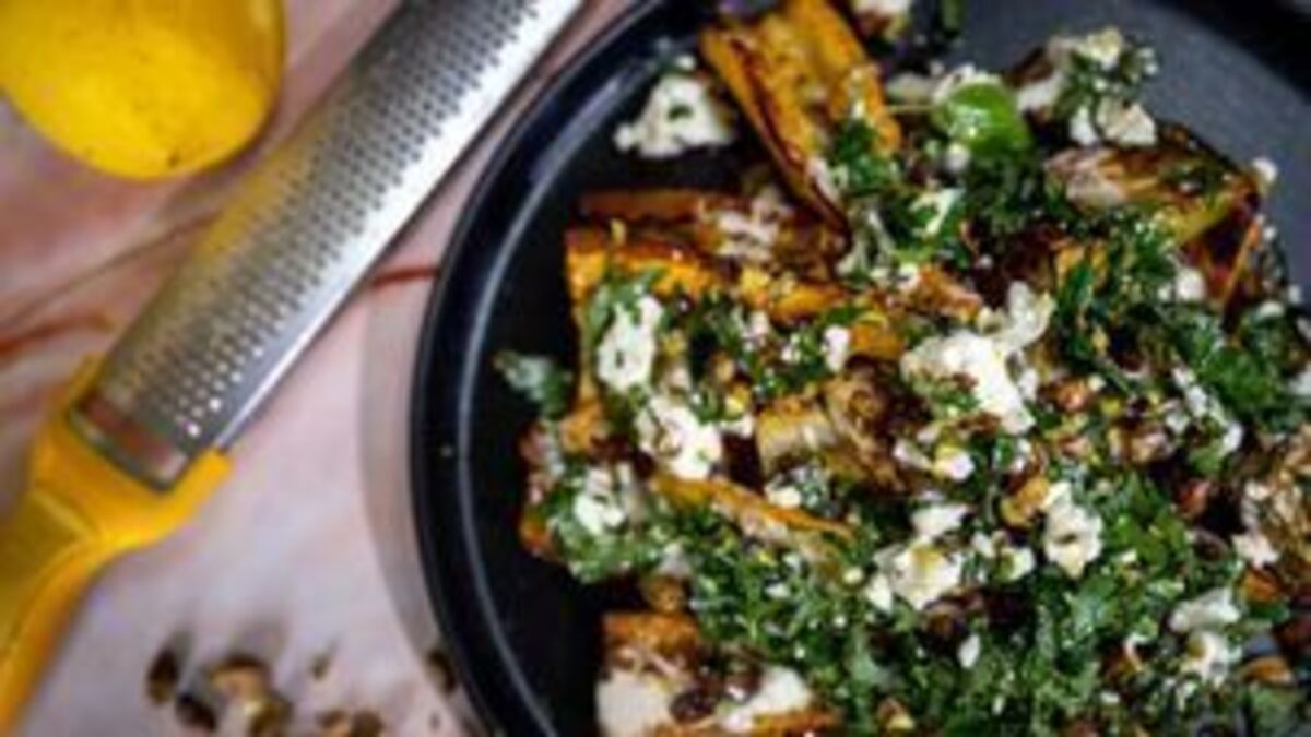 Roasted Courgette with Feta, Basil and Pistachio Crumble