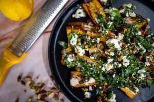 Roasted Courgette with Feta, Basil and Pistachio Crumble