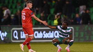 <p>Odhrán Casey of Shelbourne and Jonathan Afolabi of Shamrock Rovers. Pic: Ben McShane/Sportsfile</p>