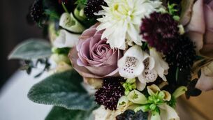 <p>bouquet of beautiful flowers with roses in a small Golden vase in vintage style on the table - Michelle McKeown - Outdoors</p>