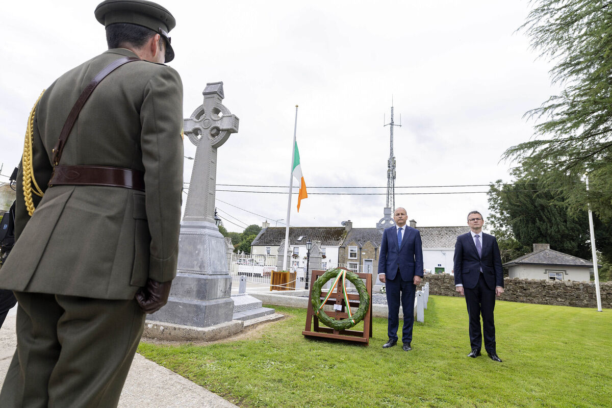 Taoiseach Micheál Martin and culture minister Patrick O'Donovan at the commemoration to mark the centenary of the Dromcollogher Cinema fire. Picture: Arthur Ellis