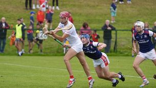<p>Blarney’s Eoghan Kirby looks to take a shot at goal as Watergrasshill’s Dylan Roche seeks to defend. Pic: Noel Sweeney</p>
