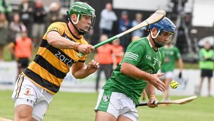 <p> Killeagh's Jamie Fogarty tries to get away from Kevin Moynihan of Na Piarsaigh during their Senior A HC clash at Midleton. Picture: David Keane</p>
