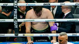 <p>Thomas Carty rises to his feet after falling out of the ring. Piic INPHO/Ben Brady</p> <p>Thomas Carty rises to his feet after falling out of the ring. Piic INPHO/Ben Brady</p>