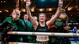 <p>AND STILL: Katie Taylor celebrates after being declared victorious in her undisputed super lightweight championship fight with Flora Pili. Pic: Stephen McCarthy/Sportsfile</p> <p>AND STILL: Katie Taylor celebrates after being declared victorious in her undisputed super lightweight championship fight with Flora Pili. Pic: Stephen McCarthy/Sportsfile</p>