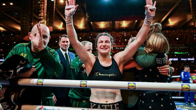 <p>AND STILL: Katie Taylor celebrates after being declared victorious in her undisputed super lightweight championship fight with Flora Pili. Pic: Stephen McCarthy/Sportsfile</p>
