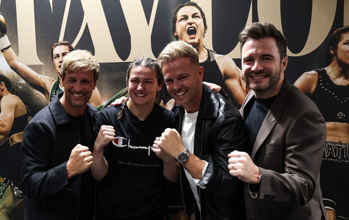 Westlife’s Nicky Byrne, Kian Egan and Shane Filan with Katie Taylor in the dressing room after her win in Croke Park. Pic: INPHO/Gary Carr Westlife’s Nicky Byrne, Kian Egan and Shane Filan with Katie Taylor in the dressing room after her win in Croke Park. Pic: INPHO/Gary Carr