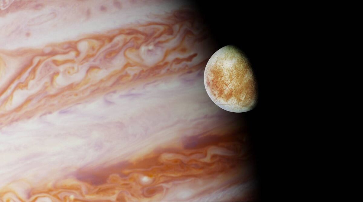 Jupiter and one of its orbiting moons Europa. The Galileo spacecraft discovered a potentially salty ocean beneath the surface of Europa, in the 1990’s. Jupiter and one of its orbiting moons Europa. The Galileo spacecraft discovered a potentially salty ocean beneath the surface of Europa, in the 1990’s.