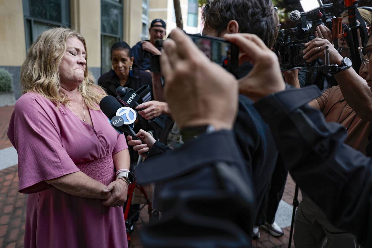 Members of the media gather to hear remarks from Victoria Hinks, whose daughter, Alexandra ‘Owl’ Hinks, died in a case that prosecutors allege was related to social media use, outside of the Ronald V Dellums Federal Building and US Courthouse in Oakland, California. Last Wednesday morning it was announced that Meta settled a lawsuit over youth social media addiction claims with 47 states, and will pay up to $17.1bn. Picture: Heather Diehl/Getty