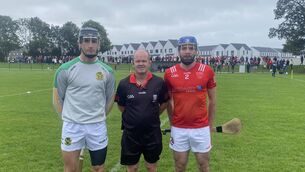 <p>Dungourney captain Mike McGrath, match referee Anthony O'Regan (Youghal), and Castlemartyr captain Cathal Martin ahead of the Cork PIHC championship game.</p> <p>Dungourney captain Mike McGrath, match referee Anthony O'Regan (Youghal), and Castlemartyr captain Cathal Martin ahead of the Cork PIHC championship game.</p>