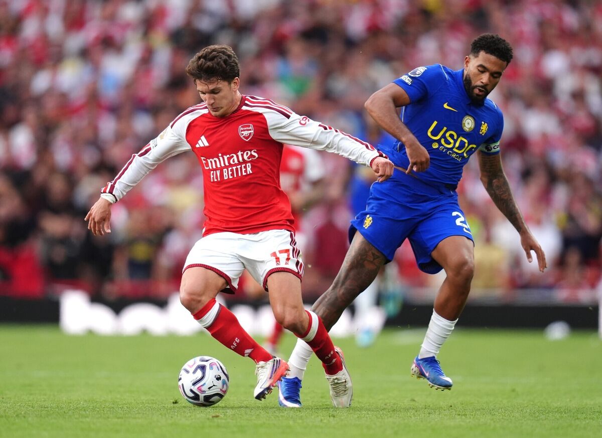 Arsenal's Christos Tzolis (left) and Chelsea's Reece James battle for the ball. Pic: John Walton/PA Arsenal's Christos Tzolis (left) and Chelsea's Reece James battle for the ball. Pic: John Walton/PA