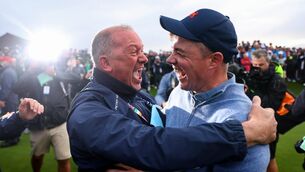 <p>Great Britain & Ireland’s team manager Euan Morton hugs Stuart Grehan after winning putt. Pic: INPHO/Ben Brady</p> <p>Great Britain & Ireland’s team manager Euan Morton hugs Stuart Grehan after winning putt. Pic: INPHO/Ben Brady</p>