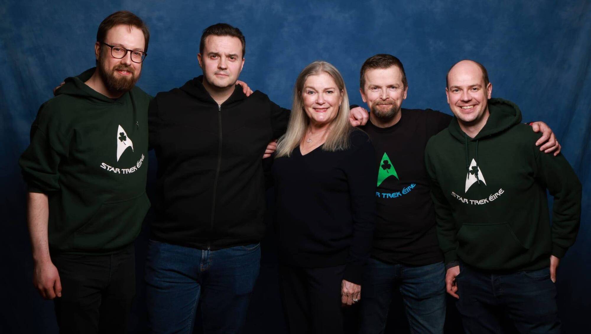 STARRY-EYED FANS: From left, Gary Reynolds, Cíarán McNulty, Ronan Healy, and Shane Collier, from Star Trek Eire, with actress Kate Mulgrew (Captain Kathryn Janeway in Star Trek: Voyager). Photo taken at Dublin Comic Con