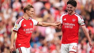 <p>Arsenal's Declan Rice (right) celebrates with team-mate Martin Odegaard following victory in the Premier League match at Emirates Stadium, London. Picture: John Walton/PA Wire. </p> <p>Arsenal's Declan Rice (right) celebrates with team-mate Martin Odegaard following victory in the Premier League match at Emirates Stadium, London. Picture: John Walton/PA Wire. </p>