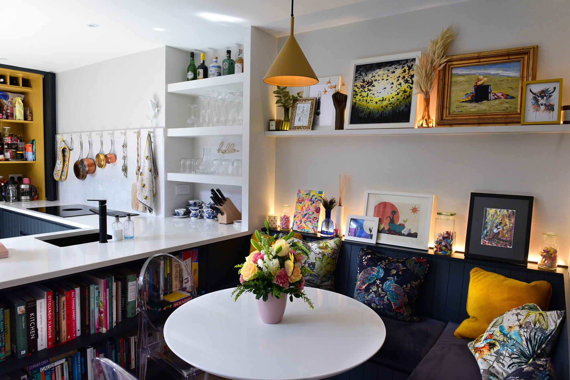  The dining area with banquette seating in Jen Sheahan's Rathmines home, a finalist in the RTE series Home of the Year..Photograph Moya Nolan