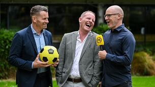 <p>Premier Sports CEO Ireland Ryle Nugent, centre, alongside analysts Shay Given and Kenny Cunningham promoting Premier Sports – the home of live football and rugby including UEFA club competitions, English Premier League, BKT United Rugby Championship, Investec Champions Cup and EPCR Challenge Cup. Premier Sports is available via your TV provider on Sky, NOW and Virgin. Pic: Brendan Moran/Sportsfile</p>