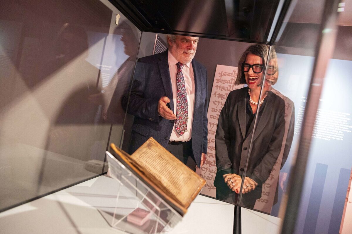 Pádraig Ó Macháin, Professor of Modern Irish, UCC, with Liz Jolly, University Librarian, with The Annals of Inisfallen. Close to 1,000 years old and hand-written in Irish and Latin, the 57 vellum leaves are on display until November 1 in the Glucksman Gallery, UCC. Picture: Clare Keogh