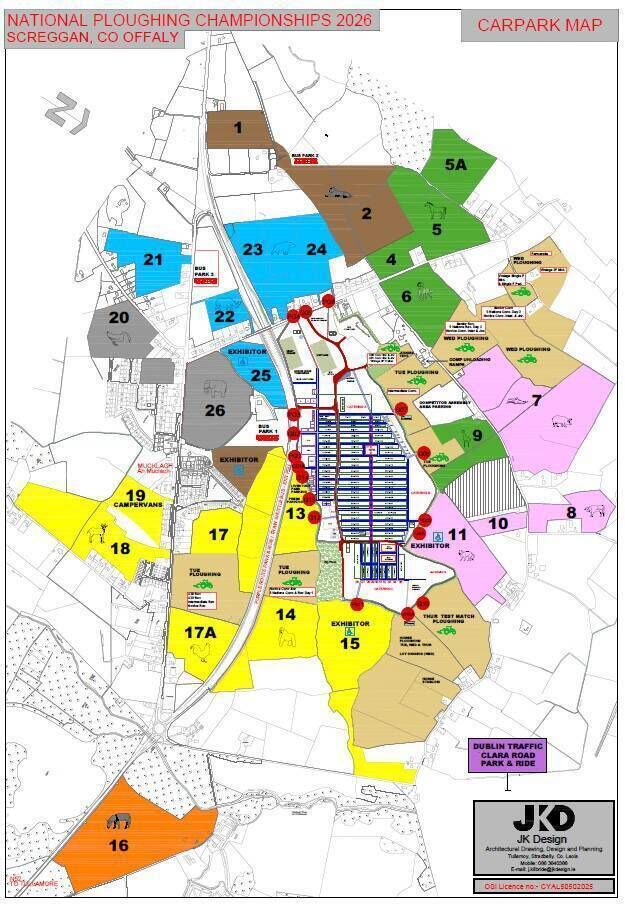 Colour-coded car parks for all access routes to the National Ploughing Championships in Screggan, Co Offaly.