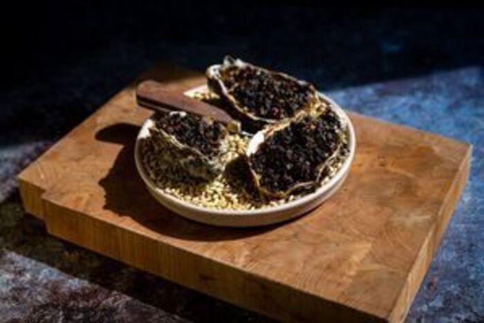 Black pudding and onion baked oysters