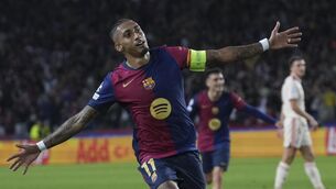 <p>Barcelona's Raphinha celebrates after scoring. Pic: AP Photo/Emilio Morenatti.</p>