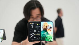 An iPhone Duo on display at the Apple campus in Cupertino, California (Jeff Chiu/AP) An iPhone Duo on display at the Apple campus in Cupertino, California (Jeff Chiu/AP)