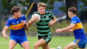 <p>BATTLE: Douglas’ Darragh Barry pushes past Carrigaline’s Sam Collins. Pic: Noel Sweeney.</p> <p>BATTLE: Douglas’ Darragh Barry pushes past Carrigaline’s Sam Collins. Pic: Noel Sweeney.</p>