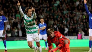 <p>Celtic's Mika Baur appeals for a corner during the William Hill Premiership match at McDiarmid Park, Perth. Pic: Steve Welsh/PA Wire.</p> <p>Celtic's Mika Baur appeals for a corner during the William Hill Premiership match at McDiarmid Park, Perth. Pic: Steve Welsh/PA Wire.</p>