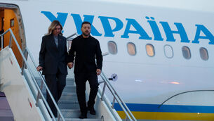 President of Ukraine Volodymyr Zelensky and his wife Olena Zelenska arrive in Calgary, Alberta (Jeff McIntosh/The Canadian Press via AP)