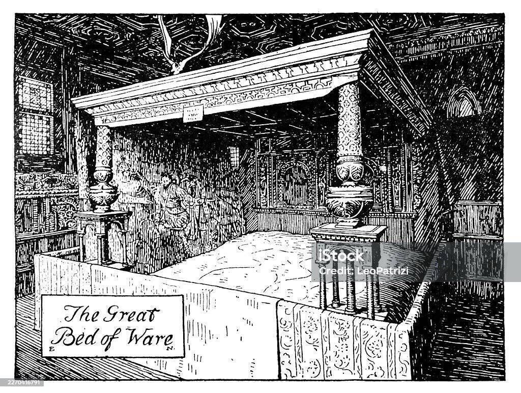 This is a high-contrast pen-and-ink architectural drawing of the legendary Great Bed of Ware, an enormous oak four-poster bed famously mentioned in English literature and history. The illustration captures the bed's immense scale and intricate Elizabethan carvings, featuring its massive, bulbous posts, decorative tester (canopy), and ornate panelled headboard. The artist has used dense vertical hatching and cross-hatching to define the deep shadows of the room and the rich textures of the carved wood.