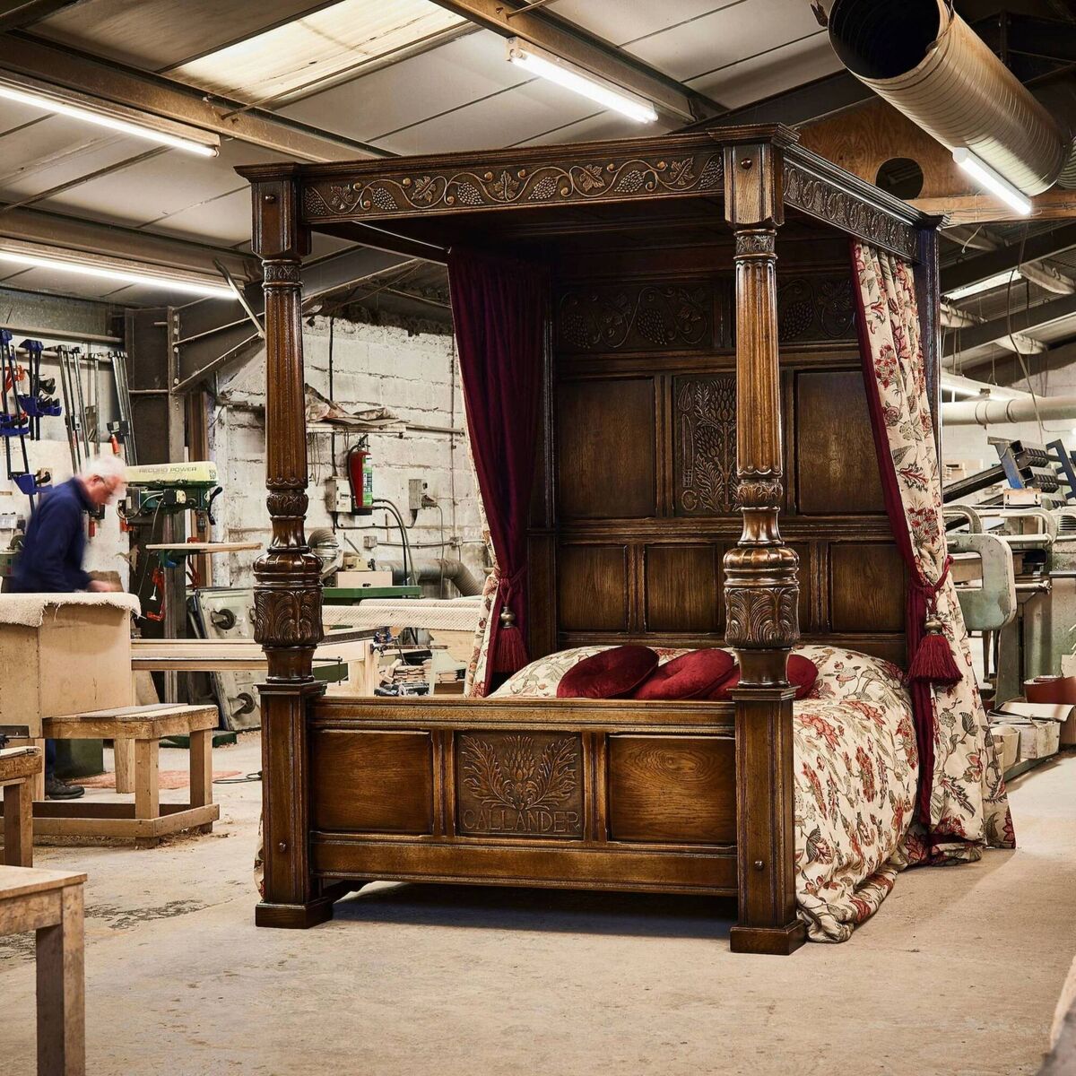 A fabulous handmade four-poster bed by Royal Oak Furniture Co in a Tudor style which can be finished with the owner's name or insignia. Prices from around €20,500 not including delivery, Royaloakfurniture.co.uk (Yorkshire). 