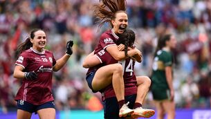 <p>Galway players Olivia Divilly and Leanne Coen, 14, celebrate after victory in the LGFA TG4 All-Ireland Senior Championship final. Divilly is nominated for player of the year. Photo by Piaras Ó Mídheach/Sportsfile</p>